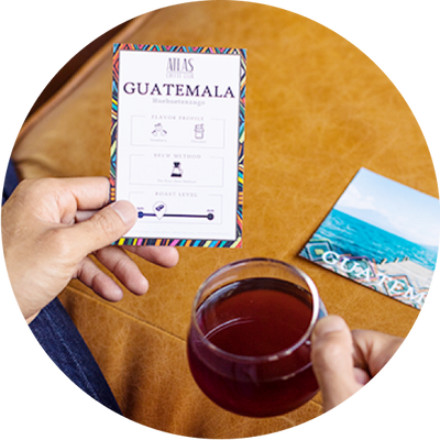 A person holds a cup of coffee in one hand and a card with tasting notes in the other, with a postcard in the background.