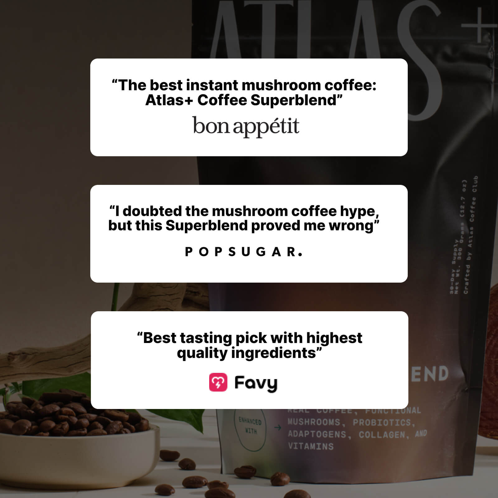 ATLAS+ Mushroom Coffee Superblend | Adaptogens, Collagen & Probiotics